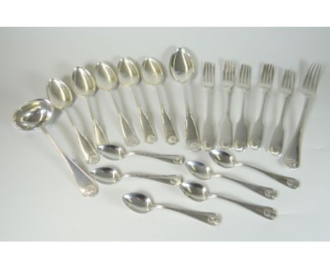 GROUP OF SCANDINAVIAN SILVER FLATWARE comprising spoons, forks and ladle all of shell design and stamped "830 S". 20 troy Oz.