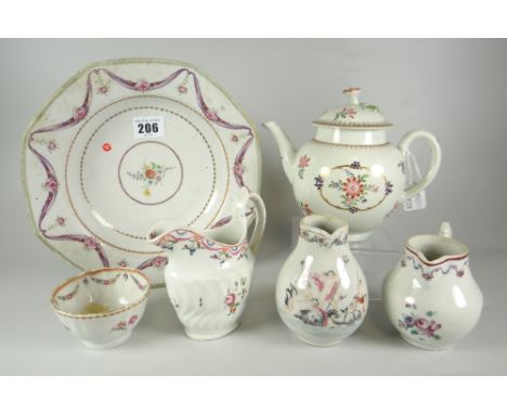 GROUP OF 18th CENTURY &amp; LATER PORCELAIN to include hand painted bullet-shaped teapot &amp; cover, probably New Hall, crea