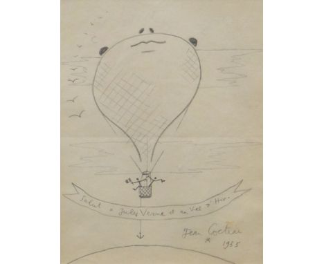 JEAN COCTEAU pencil drawing - anchoring hot-air balloon with celebrating match-stick figures, inscribed 'Salut a Jules Verne 