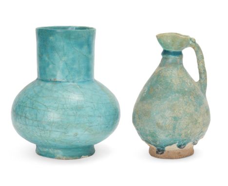 Two turquoise glazed pottery vessels, Iran, 12th - 13th century, the first of baluster form on a short slightly spreading foo