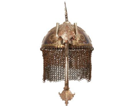 An Indo-Persian steel helmet with applied brass decoration, possibly Sikh, India, mid-19th century, with twin frontal plume h