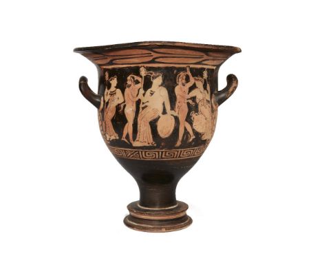 An Apulian red-figure bell krater, with bacchanalian scene, side (a) with two naked satyrs, three females and an amphora; sid
