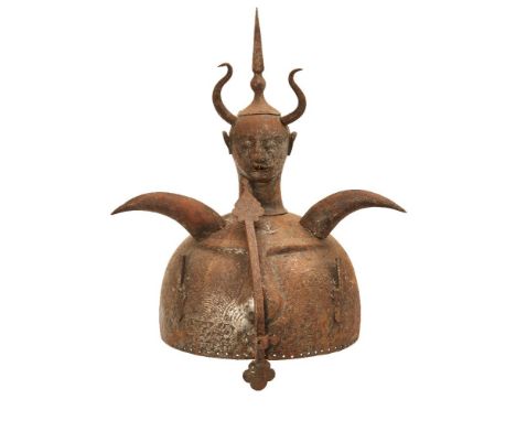 A Qajar steel Khula khud helmet with double demon head, Persia, 19th century, 37cm. highProvenance: The Estate of costume des