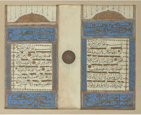 An illuminated Qur'an bifolio, Turkey, early 20th century, Arabic manuscript on paper, with 6ll. of black naskh to each page,