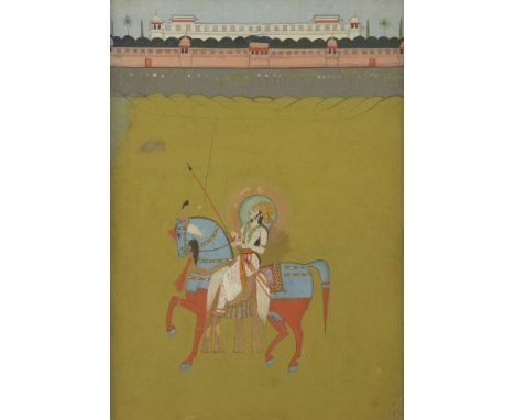 An equestrian portrait of a lady, Mewar, Rajathan, India, circa 1820, opaque pigments on paper heightened with gold, the lady