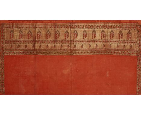 A Chanderi border, Madhya Pradesh, India, 19th century, woven in gold thread, on a orange cotton ground, with two registers o