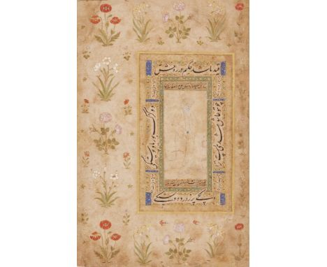 An album page with a Safavid drawing and borders from an album made for Emperor Shah Jahan, Persia and India, circa 1625-50, 