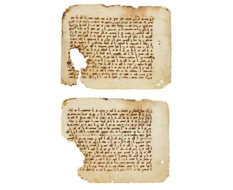 Two early double-sided  Kufic Qur'an folios, Near East or North Africa, probably Umayyad Period, 8th or early 9th century, Ar