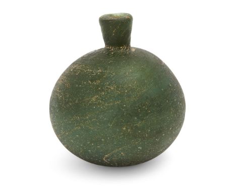 A green glass flask, Persia, 9th century, of spherical form, 11cm. highLarge chip to rim and neck