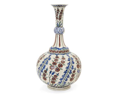 A large Samson Iznik-style flask, with maker's mark to base, mid-late 19th century, of baluster form, on short foot with drop