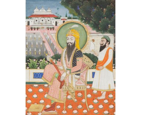 A portrait of Maharaja Ranjit Singh on a terrace, Sikh school, North India, circa 1850, opaque pigments heightened with gold 