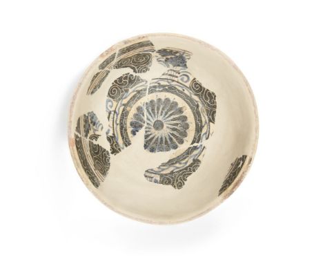 A rare Ottoman 'Miletus' ware pottery bowl, Turkey, 14th-15th century, slip-decorated earthenware body with dark and lighter 