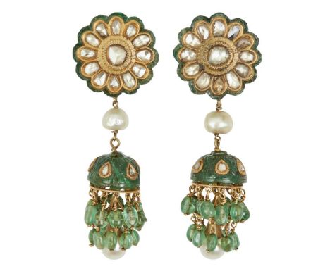 Property of a LadyA pair of rose-cut diamond-set emerald chandelier drop earrings, Deccan, India, early 20th century, each wi