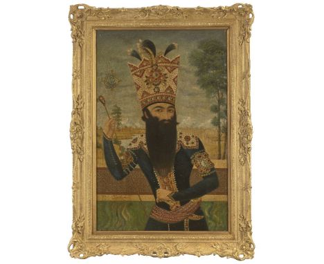A portrait of Fath 'Ali Shah, Qajar Persia, early 19th century, oil on canvas, inscribed within a cartouche to left of figure