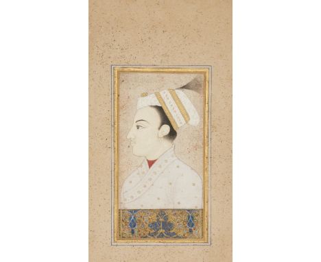 A Jharokha portrait of a prince, Jaipur, North India, circa 1800,  opaque pigments heightened with gold on paper, depicting f