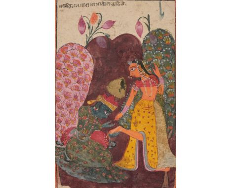 Krishna plucking a thorn from Radha's foot, Bahsoli, Central India, mid-18th century, opaque pigments on paper, Krishna shown