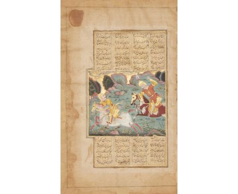 A illustrated folio from a small Shahnameh, India, Deccan, Bijapur, circa 1610, opaque pigments heightened with gold on paper