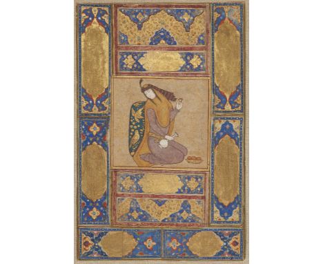 A portrait of a kneeling lady, Safavid Iran, 17th century, gouache on paper, depicted kneeling and resting against a vivid bl
