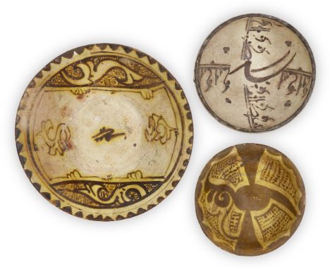 Three Nishapur slip-painted pottery bowls, Iran, 9th-10th century, the first of shallow form, the brown-slip painting consist