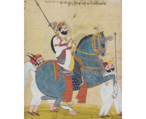 An equestrian portrait of a ruler, Jodhpur, Rajasthan, India, circa 1820, opaque pigments heightened with gold and silver on 