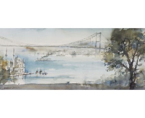 Two watercolours of Istanbul 20th century, Untitled, the first with a view through a window towards a Mosque and the second a