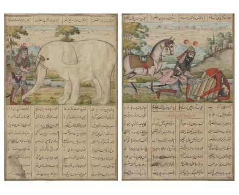 Two Qajar illustrations to a Shahnameh, Iran, mid-19th century, gouache on paper heightened with gold, the first depicting a 