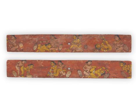 A pair of painted wood manuscript covers depicting lovers in erotic embraces, Orissa, Eastern India, circa 1800, each of rect