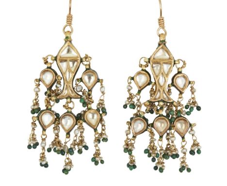Property of a LadyA pair of white zircon-set enamelled gold fish earrings, North India, 20th century, the central fish pendan