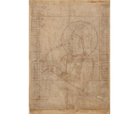 A Pahari stippled sketch of a nobleman smoking at a Jharokha window, North India, 18th century, depicted facing left, the lef