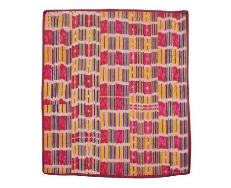 A silk Ikat panel, Bukhara, 19th-early 20th century,of almost square form, with ochre and red alternating rectangular panels,