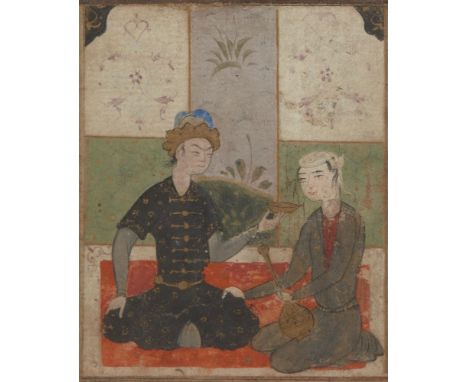 A Turkmen miniature of a seated couple drinking, Herat, Iran, 15th century, gouache on paper heightened with gold, the delica