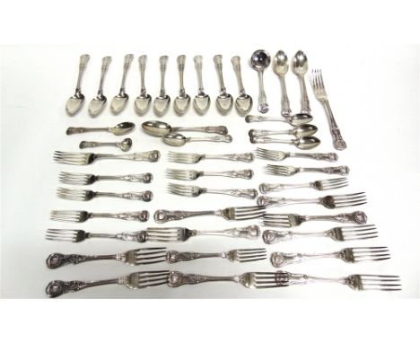 A WILLIAM IV SILVER KINGS PATTERN PART TABLE SERVICE  by William Eley, London 1830, comprising eleven dinner forks, eleven de