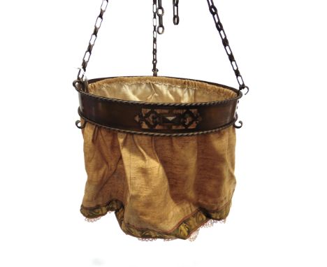 AN EDWARDIAN CIRCULAR PIERCED METAL LIGHT FITTING  complete with hanging chains and cloth apron together with a small gilt br