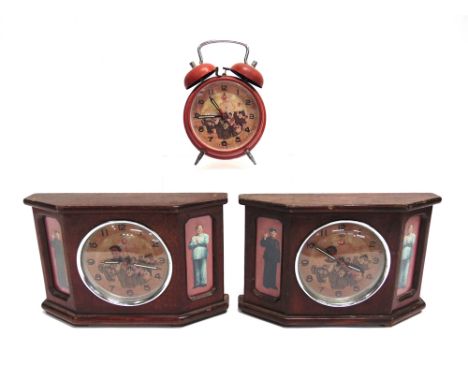 RED CHINA - THREE CHAIRMAN MAO CLOCKS  post-1949, comprising two stained wood mantel clocks, each circular dial with Arabic n