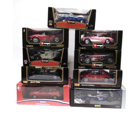 NINE 1/18 SCALE DIECAST MODEL CARS  by Bburago (5), Maisto (2), Onyx (1) and Kid Connection (1), each mint or near mint and b