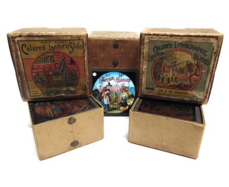 ASSORTED MAGIC LANTERN SLIDES  comprising 'Mother Hubbard and Her Dog' (12), boxed; The Transvaal War (12, a part set), in in