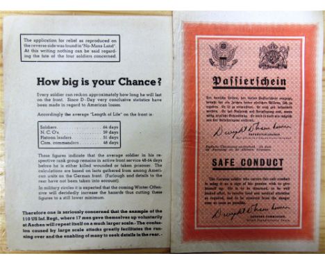 MILITARIA - TWO SECOND WORLD WAR PROPAGANDA LEAFLETS  one allied, 'Safe Conduct for the German Soldier', as dropped en mass d