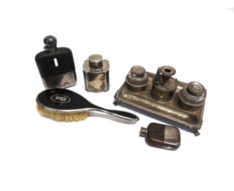 ASSORTED SILVER PLATED ITEMS  comprising a standish; a caddy; two hip flasks, one by James Dixon & Sons; and a hairbrush, (5)