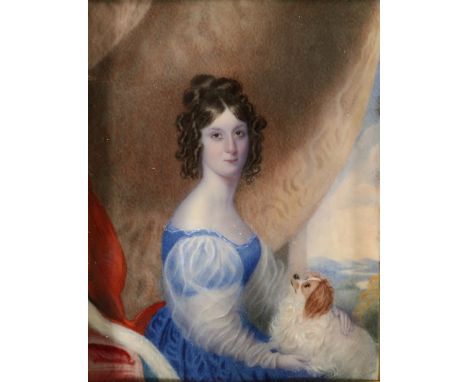 BRITISH SCHOOL  (MID 19TH CENTURY OR STYLE THEREOF)  Portrait Miniature of a Seated Lady with a Spaniel,  oil on ivory, unsig