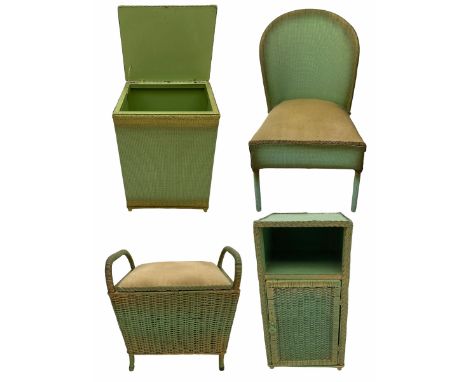 Painted wicker linen bin, lamp cabinet, chair and stool