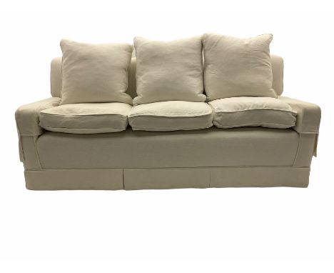 Three seat sofa upholstered in natural white linen, feather cushionsDimensions: Height:&nbsp;85cm&nbsp; Length/Width:&nbsp;19