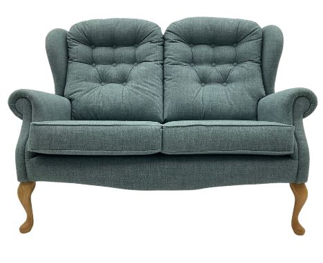 Sherborne England Lyndon two seat wing back sofa, upholstered in Highland Baltic fabric, light oak legsDimensions: Height:&nb