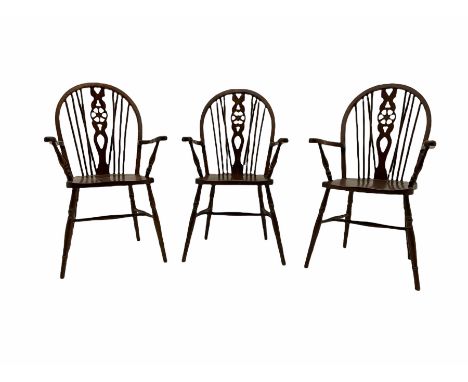Set three beech hoop and stick back carver armchairs 