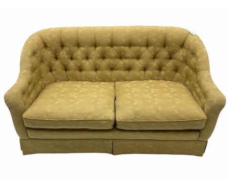 Traditional shaped two seat sofa, upholstered in pale ochre buttoned fabric, feather cushionsDimensions: Height:&nbsp;85cm&nb