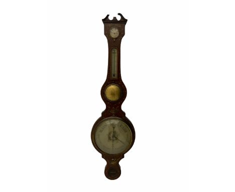 A mid-19th century five dial mercury wheel barometer in a mahogany veneered case with painted decoration and satinwood string