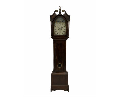 An oak finished longcase with additions and alterations, swan neck pediment with brass paterae and brass ball and eagle finia