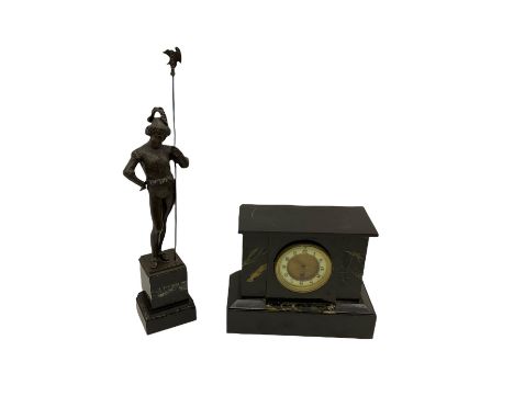French eight-day timepiece mantle clock in rectangular flat topped Belgium slate case with variegated marble panels and incis