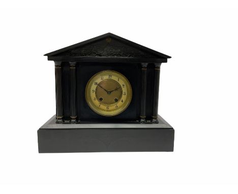 A late 19th century Belgium slate mantle clock with a French 8-day rack striking movement striking the hours and half hours o