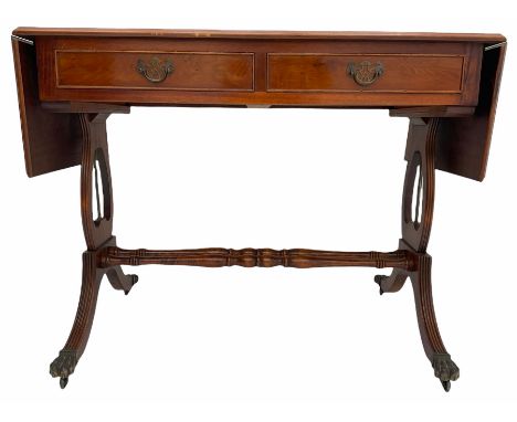 20th century drop leaf sofa table, with inset leather top, two frieze drawersDimensions: Height:&nbsp;72cm&nbsp; Length/Width