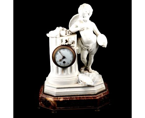 Amendment (19/6) French Parian and marble mantel clock, the case with a cherub emblematic of art, circular enamelled dial, va